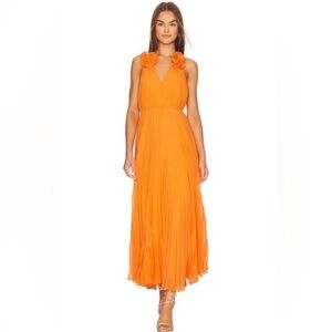 MILLY Evie Pleated Rosette Maxi Dress Size 8 Tangerine Halter Tie Open Back